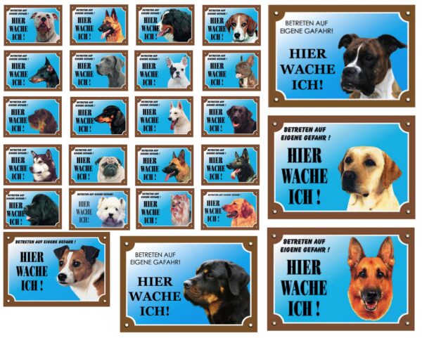Warntafel "Hier wache ich" Hunde Warnschild 20x14 cm Außenbereich 25 Hunderassen